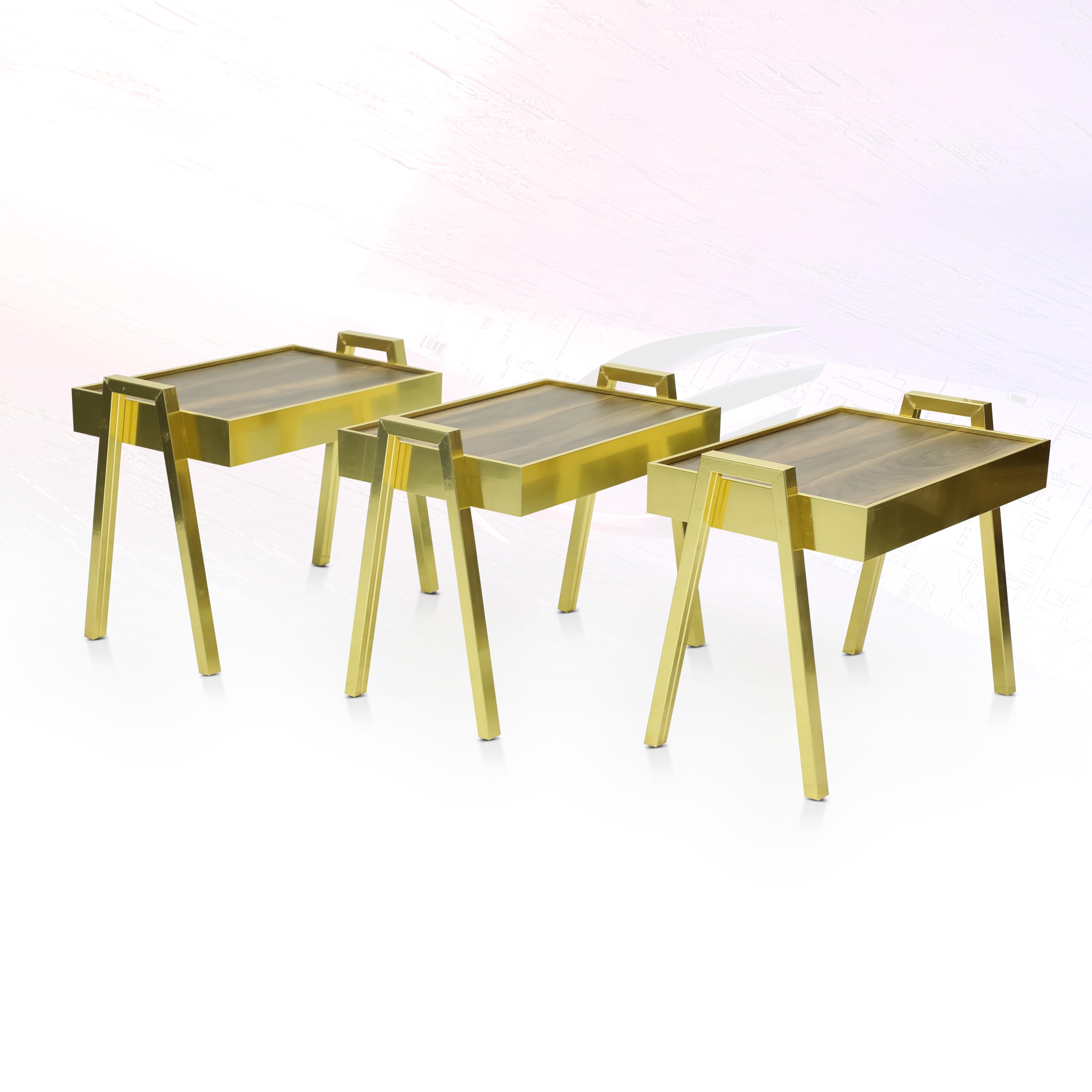 Multi Home Furniture Wooden Top Nesting Table Set of 3 – Golden legs Space-Saving Coffee Table Design for Living Room Furniture, Bedroom, and Office – Stackable Outdoor Table and Coffee Corner Table