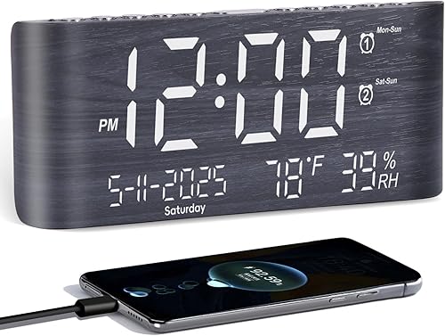 PPLEE Reloj despertador digital de 8.7 pulgadas para dormitorio, reloj digital con día de la semana, mes, año, humedad y temperatura, brillo,
