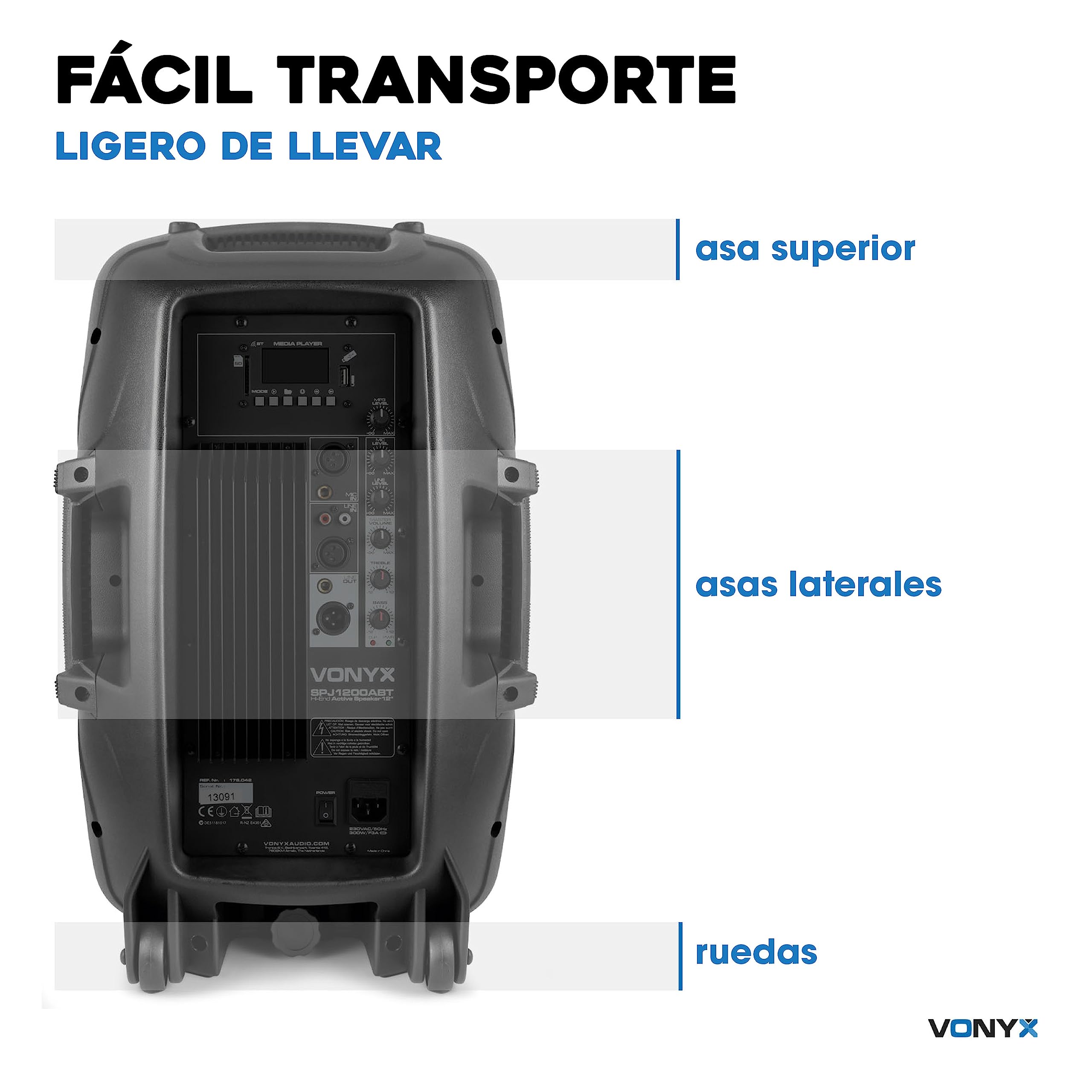 Vonyx SPJ-1200ABT Altavoz Activo 12” Autoamplificado 600W con Bluetooth, Reproductor MP3, USB/SD, Entrada Micrófono, Subwoofer Potente, Sonido Profesional para Fiestas, DJ, Karaoke y Eventos