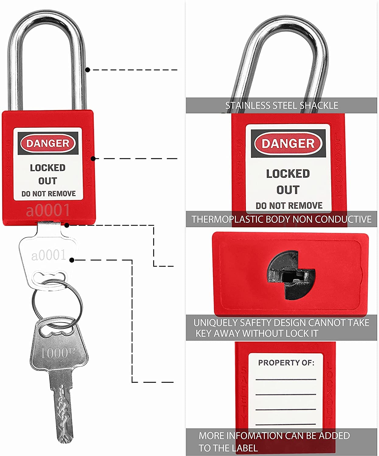 SAFBY Loto - Juego de 30 candados seguros para estaciones y dispositivos de bloqueo y etiquetado (30 cerraduras rojas, llave similar)