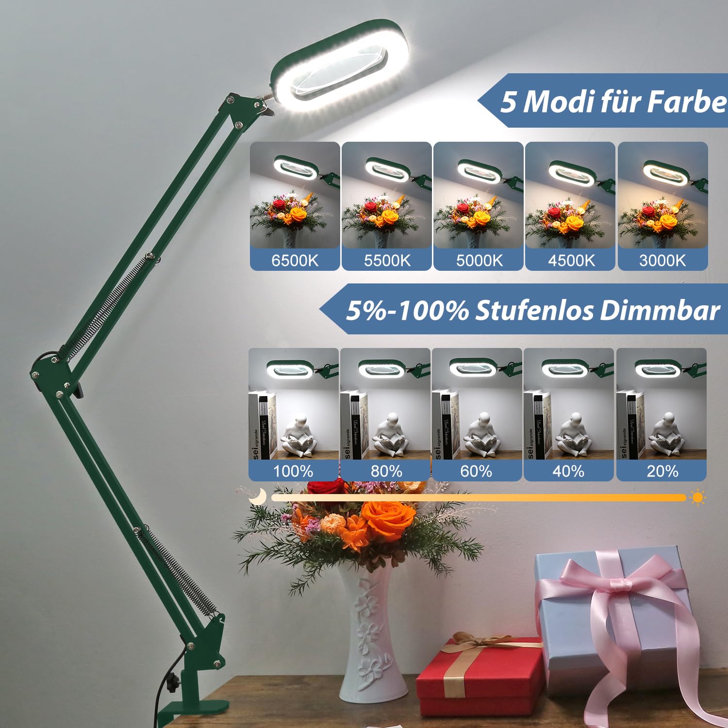Veemagni Lupa rectangular de cristal auténtico con luz y abrazadera, 5 modos de color de intensidad continua, 2 x 16 pulgadas brazo giratorio LED lámpara de lupa con manos libres con iluminación para