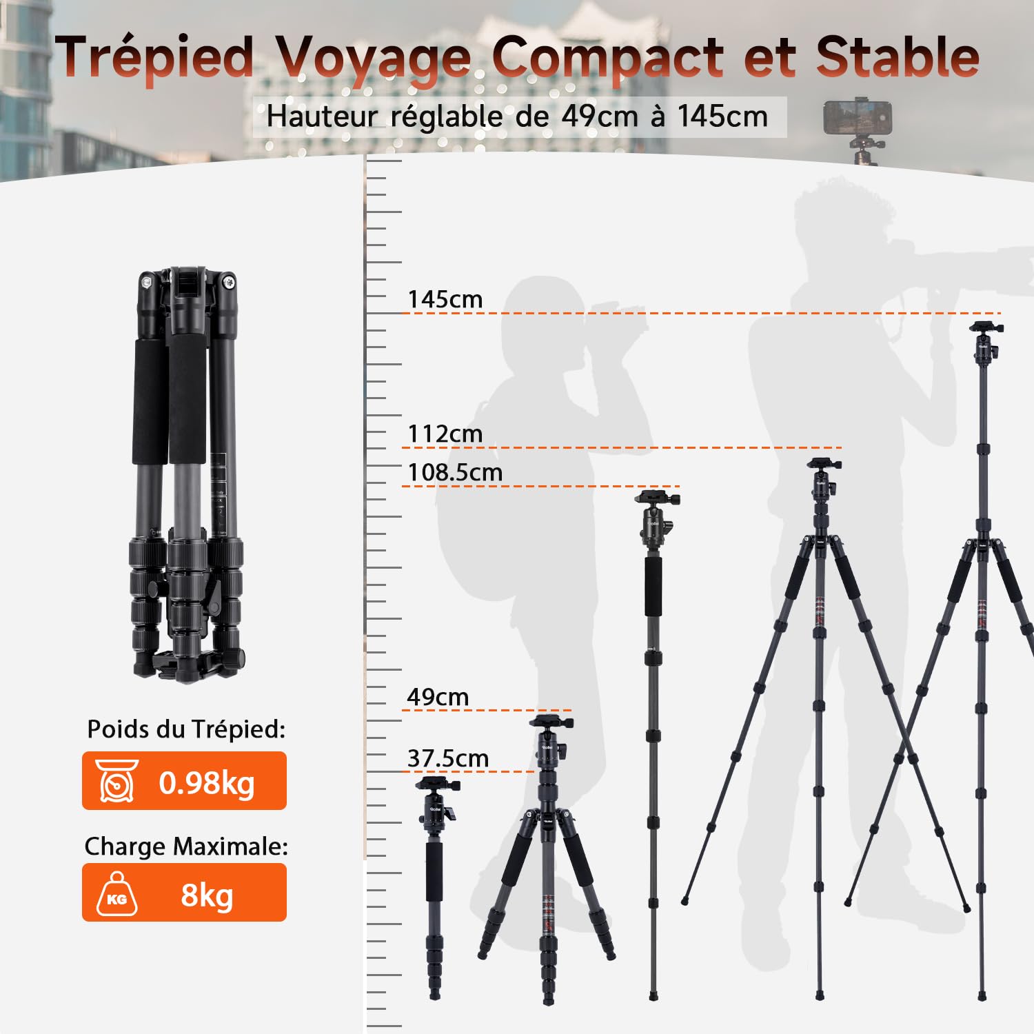 Rollei Compact Traveler No.1 Carbone Noir, 145cm Trepied Appareil Photo Voyage avec Rotule Ball & Téléphone Support Trépied Ultra Léger pour Sony Canon Nikon DSLR, Trepied-Appareil-Photo-Tripod-Voyage