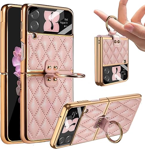 Miimall Funda de cuero para Samsung Galaxy Z Flip 4 con protector de lente de cámara, soporte de anillo con soporte de cuero de lujo, funda