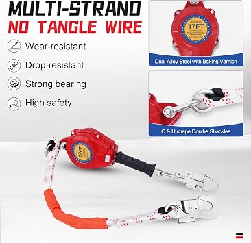 Premium Self Retractable Fall Arrester 17FT Fall Protection Lanyard, Alloy Steel Multi-Strand No-Tangle Safety Rope, Harness, Cable, Double Locking Quick Brake Safety Hook, Gear for High-Altitude Work