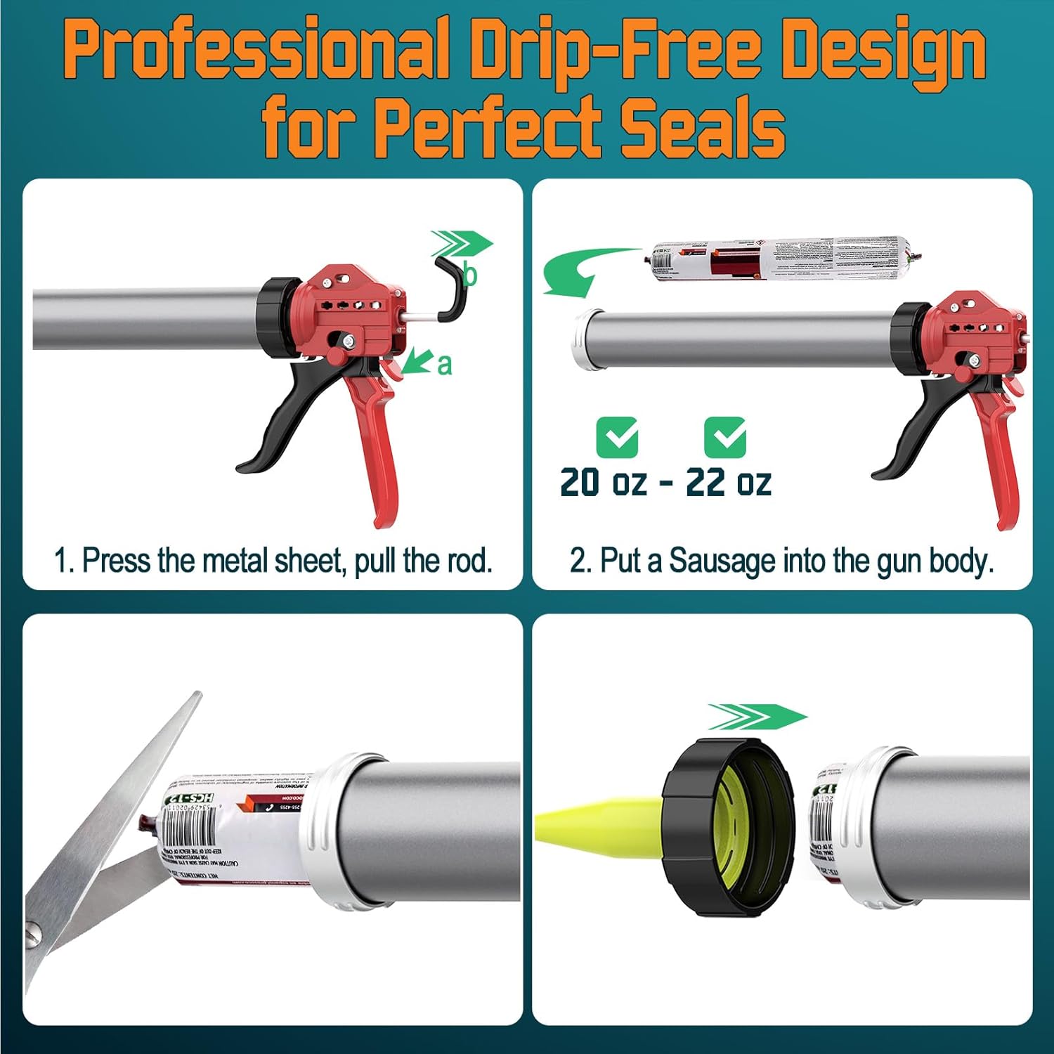 20 oz Sausage Caulk Gun, One-Touch Drip-Free | Effortless & Professional Design with Heavy-Duty Metal Body, 18:1 Thrust Ratio | for 20 oz Sausage Packs - Image 2