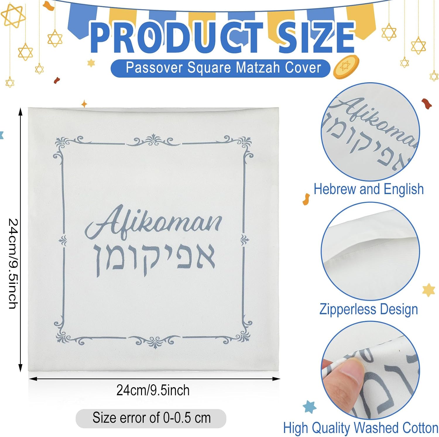 2 Pcs Passover Afikoman Bags, Silver Passover Seder Afikomen Holder Elegant Matzah and Afikomen Cover Bags Afikoman In Hebrew and English for Pesach Jewish Holiday Party Decor Gifts