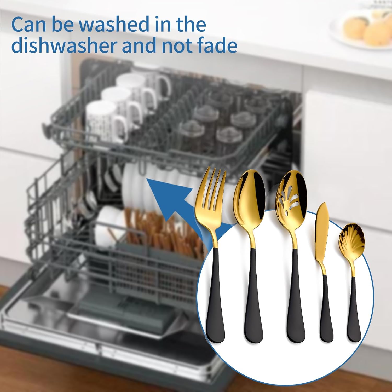 10-Piece Black & Gold Flatware Serving Set, 18/0 Stainless Steel Colorful Handle, Includes Serving Fork, Solid & Pierced Serving Spoon,Sugar Spoon,Butter Knife,Mirror Polished,Dishwasher Safe