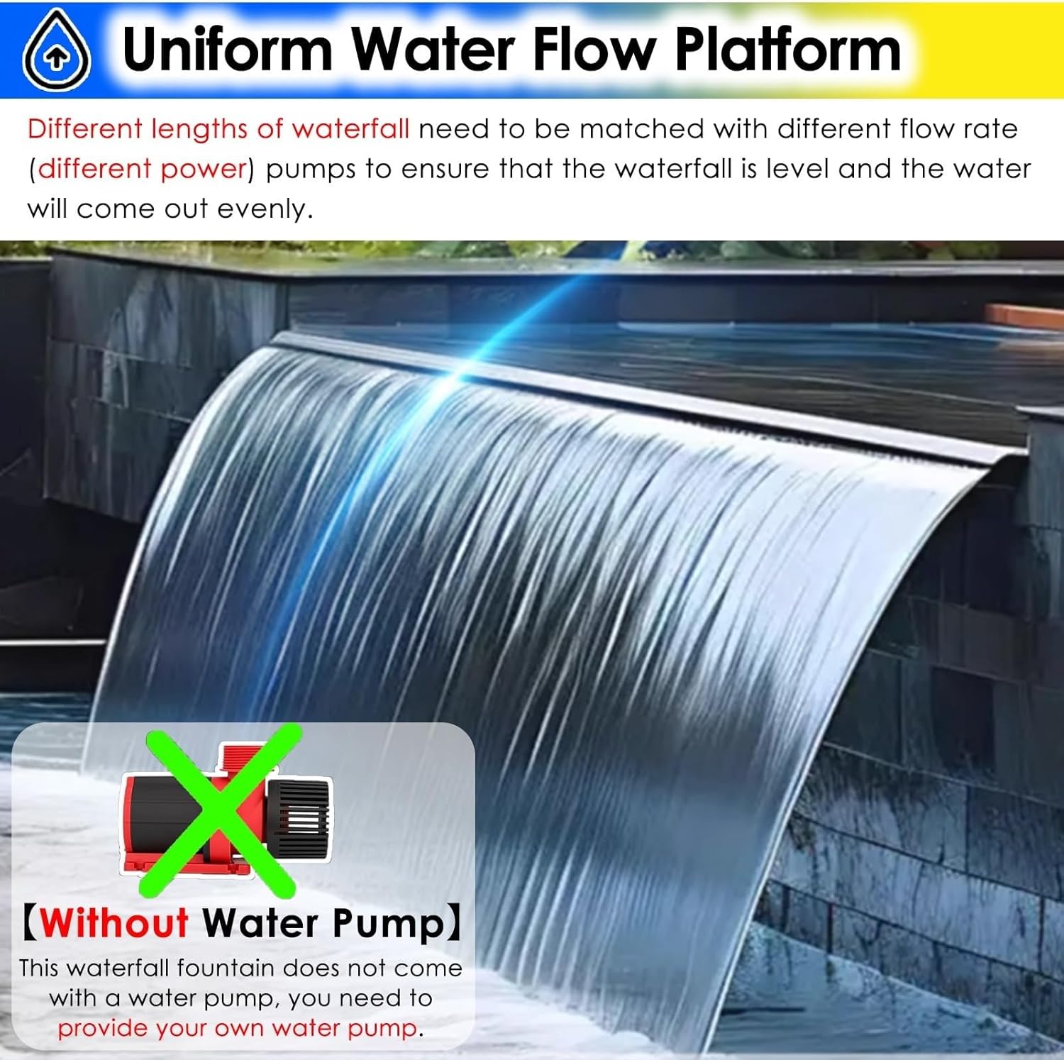 Stainless Steel Waterfall Fountain Kit - Rectangular Water Feature for Patio, Backyard, Pond & Pool - Outdoor Water Flow Spillway Sprayer Spout (Black, L80cm x W9cm x H6cm)