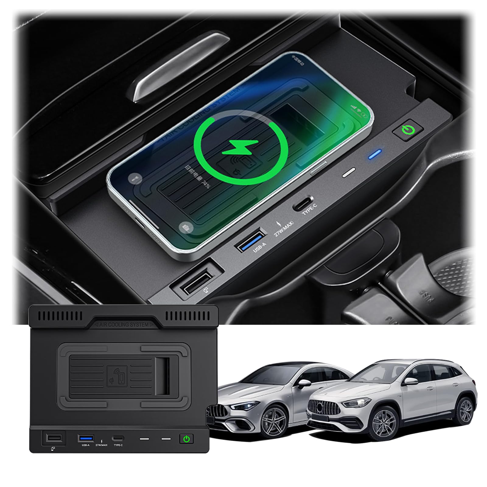Caricabatteria da Auto Wireless per Mercedes-Benz Classe A/GLA/AMG/CLA/Classe B/GLB/Gal 2020-2023 Pannello Accessori Console Centrale, 15W Caricatore per Telefono a Ricarica Rapida
