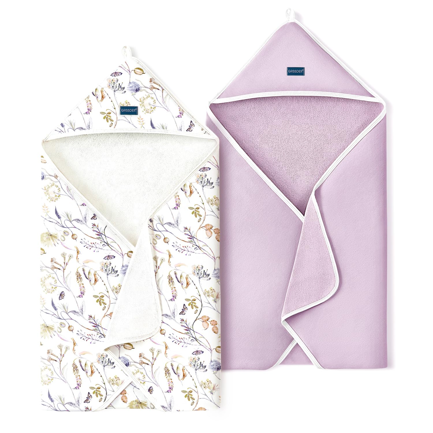 GRSSDER Baby Hooded Towel 2 Pack for Newborn, Super Soft Bath Towels with Original Design, Ultra Absorbent Knit Terry, Large Toddler Towels with Hood