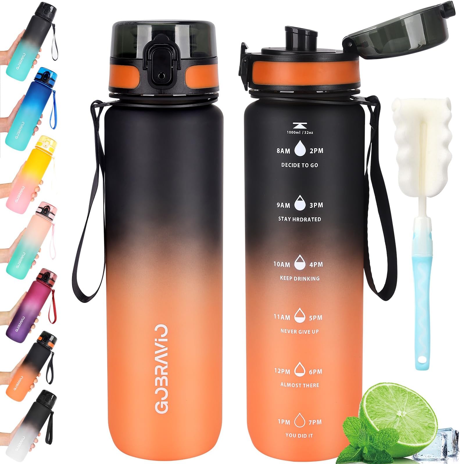 Water Bottle 1L BPA Free Sports Drink Bottle Dishwasher Safe Canteen Bottle Leakproof Motivational Water Bottle with Time Markings