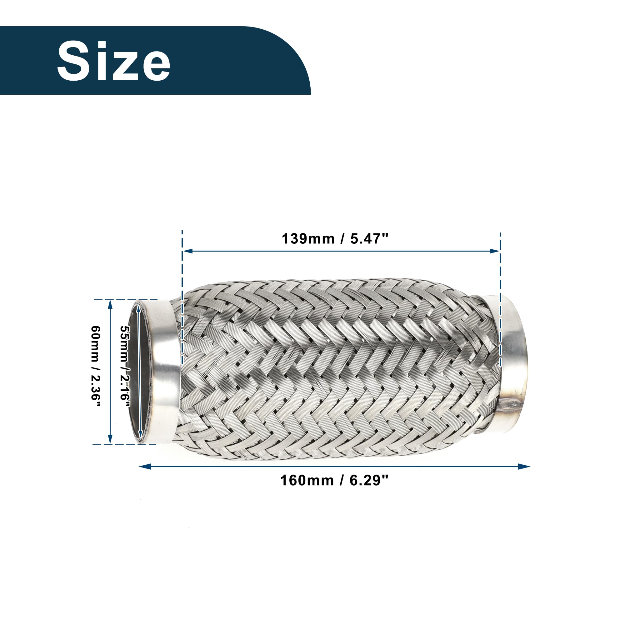 Tubo Flessibile per Scarico Auto 2.36 Pollici OD Tubo di Scarico Intrecciato Flessibile | Tubo Flessibile Universale Argento 1 Pz