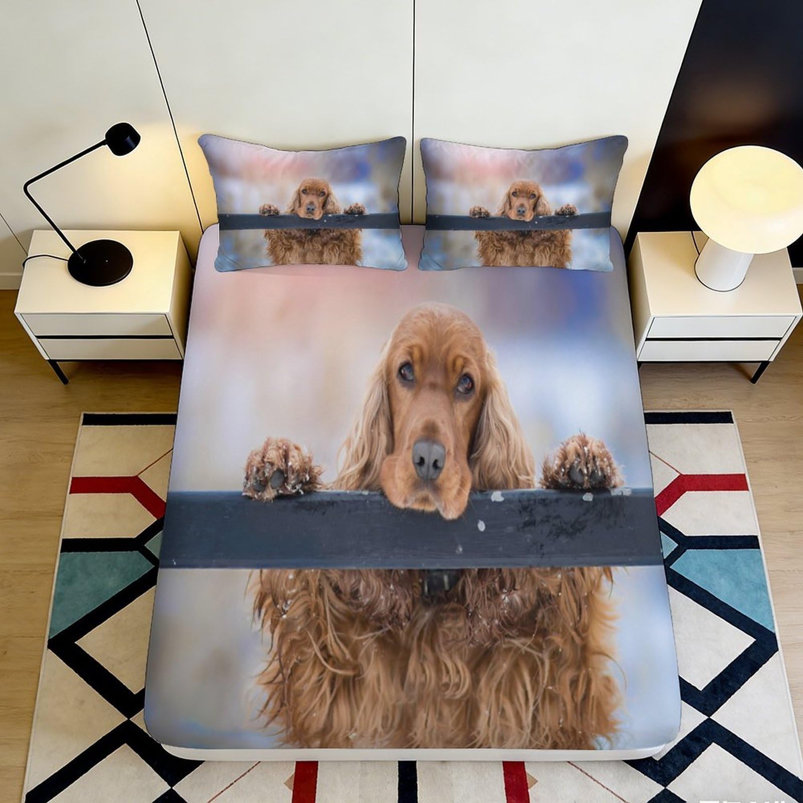 3D Printed Cocker Spaniel Dog Fitted Sheet Microfiber Soft Animal Art Bed Cover for Bedroom Guest Room Mattress Protection 140x200x25cm