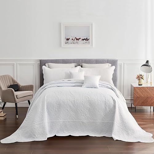 Colcha extragrande tamaño King, funda de cama ligera ultrasónica, patrón de cachemira, reversible, 5 piezas, 100% microfibra, blanco puro 1-amarillo