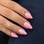 KQueenest Baby Pink Press on Nails Medium Almond Stiletto, Glossy Gel Fake Nails Medium Pure Color, Acrylic Nails Press on Feature Protective UV Coating in 24 Pcs