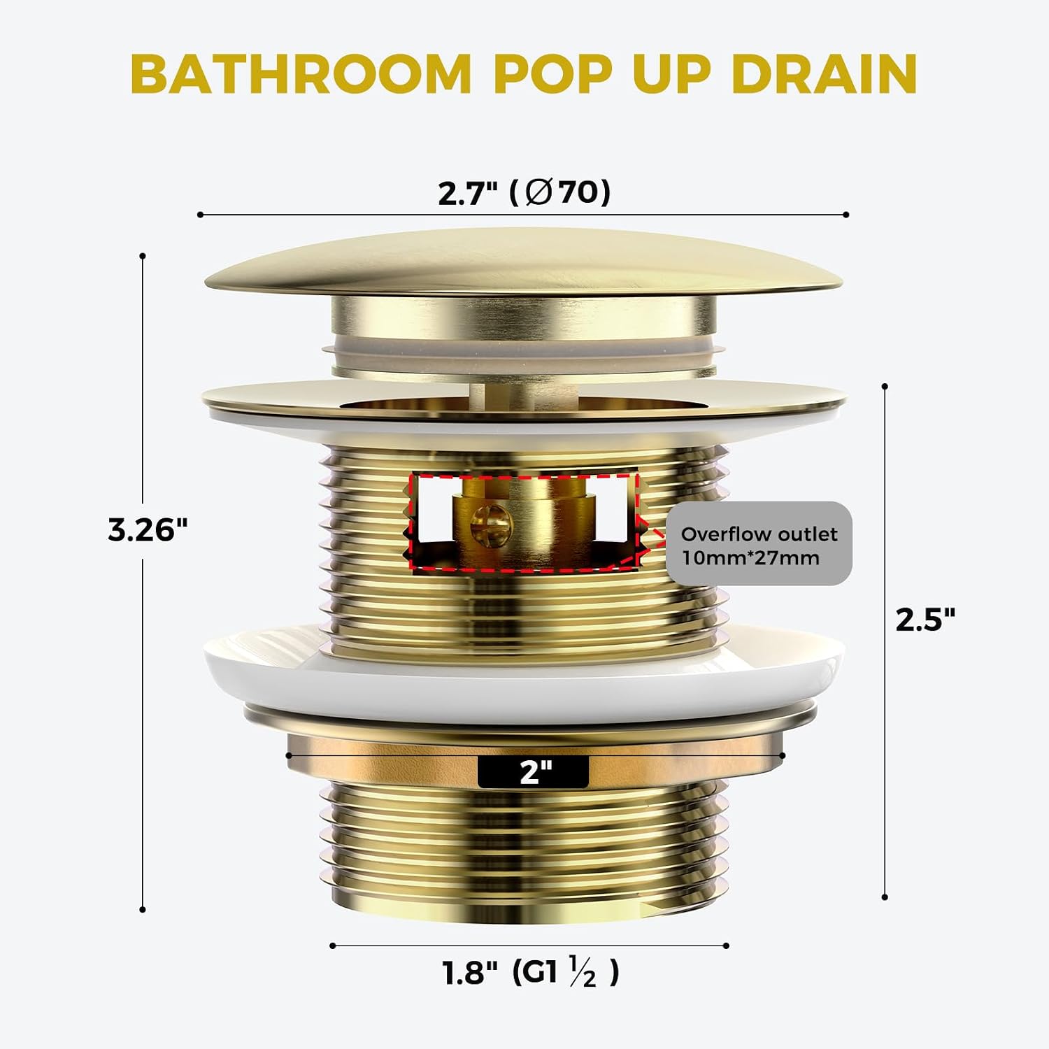 BOTEMY Solid Brass Pop-Up Drain for Freestanding Tubs, Tool-Free Installation Bathtub Drain Stopper with Brushed Gold Finish, Universal Fit 1.8" Hole Size, Leak-Proof Heavy Duty Design ​(Brushed Gold)