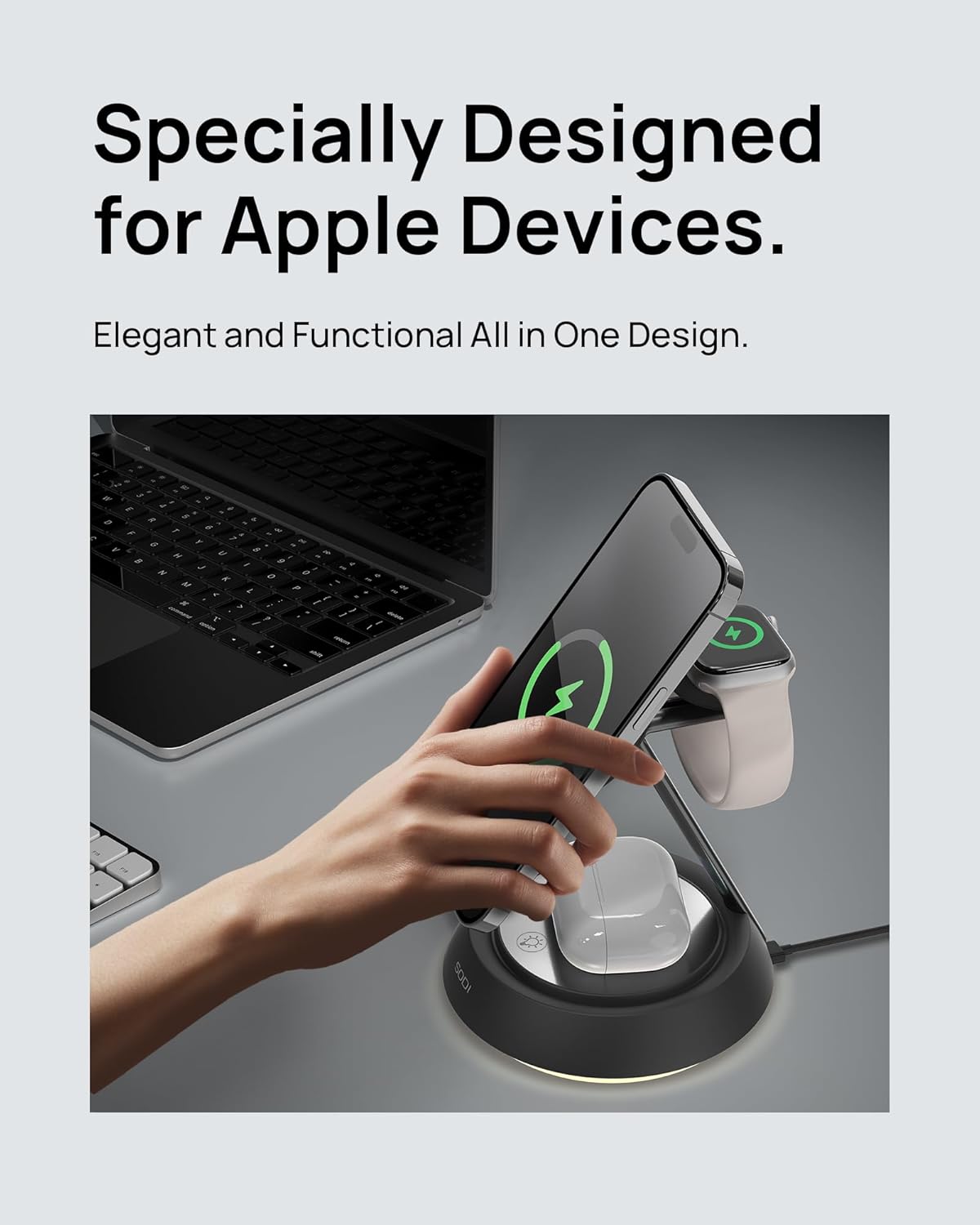 Hand placing an AirPods case onto the charging station