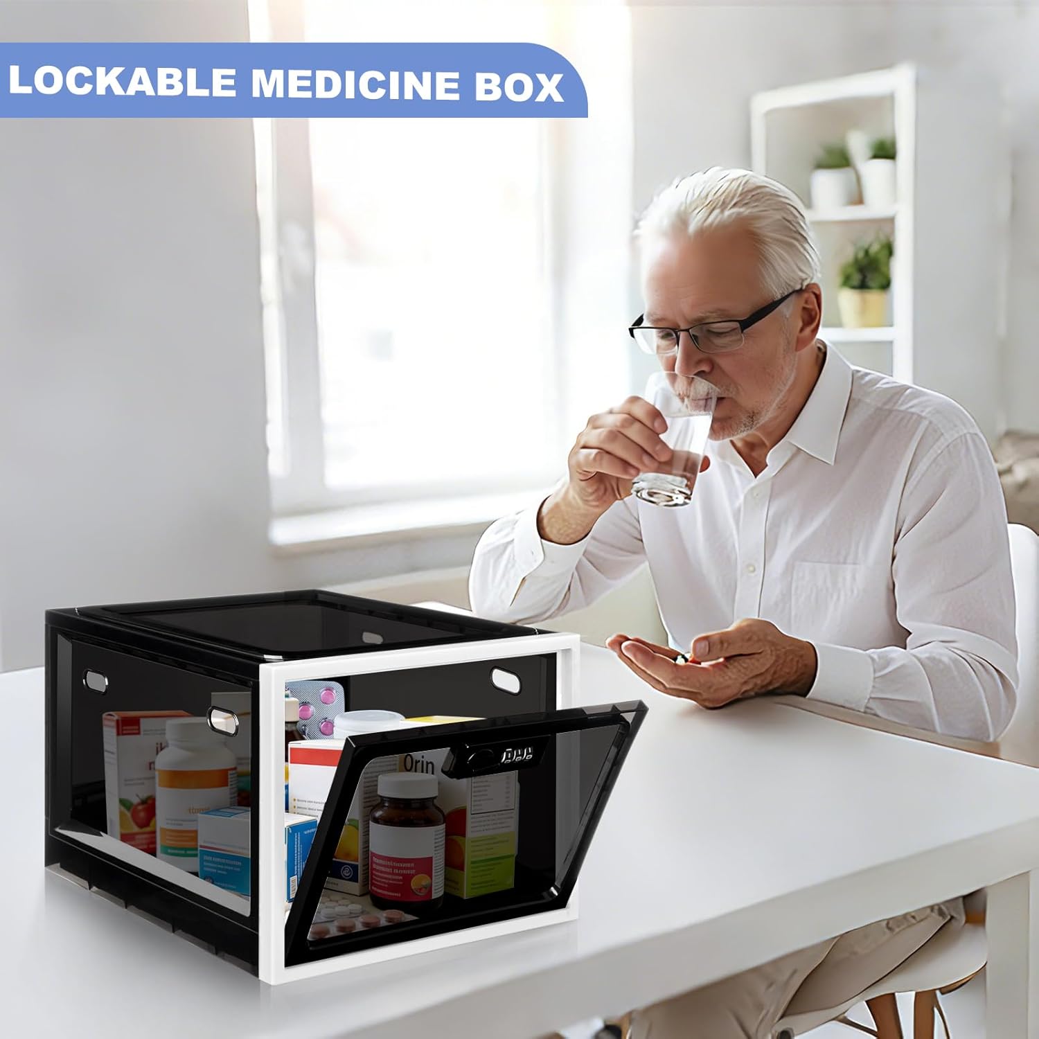 Medication Lock Box with Combination, Large Lockable Storage Box for Medicine, Snacks, Phone Jail, Food, Childproof First Aid Locked Cabinet, Organizer for Refrigerator, Office, School, Home