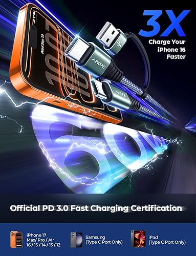 Vista 53 de AINOPE Cable USB C a USB C, paquete de 2 cables USB C de 6 pies de carga rápida con adaptador USB a USB C, cable USB a USBC de 60 W para iPhone 17