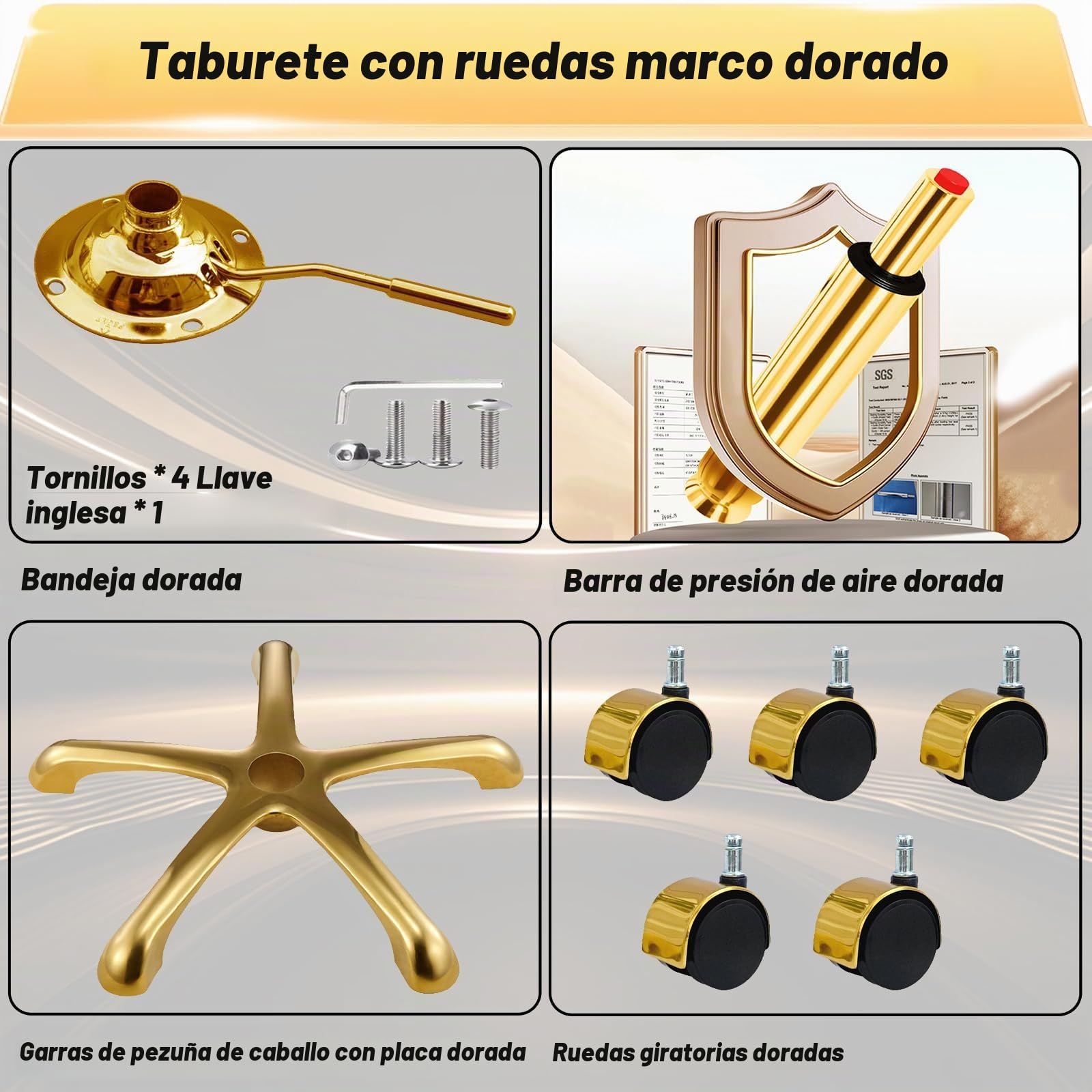 Dorado Taburete con Ruedas, Silla Giratoria Redondo de Cuero PU, Taburetes para Tocador, Oficina y Esteticista, Banqueta Regulable Altura de 45 a 58 cm (Blanco, Sin Respaldo)
