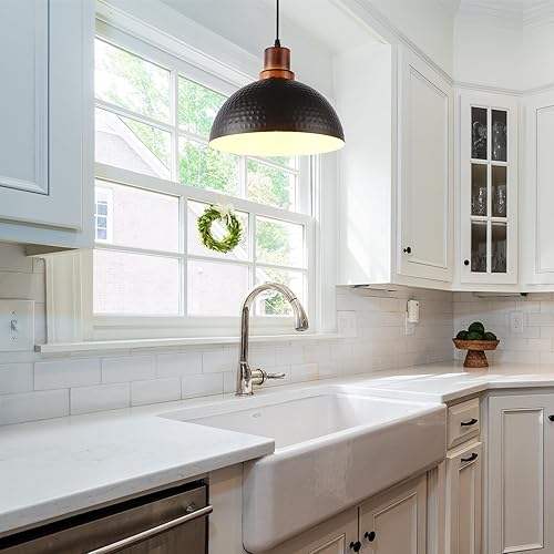 Miniatura 7 de Luces colgantes negras para isla de cocina, 11.8 pulgadas de metal martillado negro cúpula colgante iluminación colgante de madera y negro para