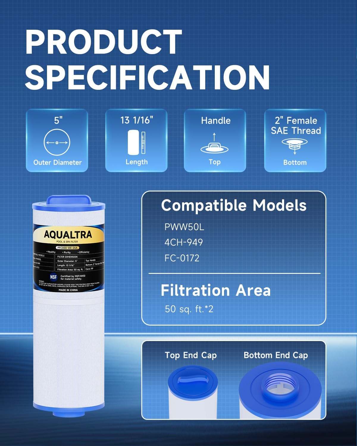 AQUALTRA Spa Filter Compatible with PWW50L, 4CH-949, FC-0172, SD-01143, Waterway 817-4050, Dynasty Rising Dragon 50, SC757, FD2007, 5" x 13 1/16" Screw in Hot Tub Filter 2 Pack (White)