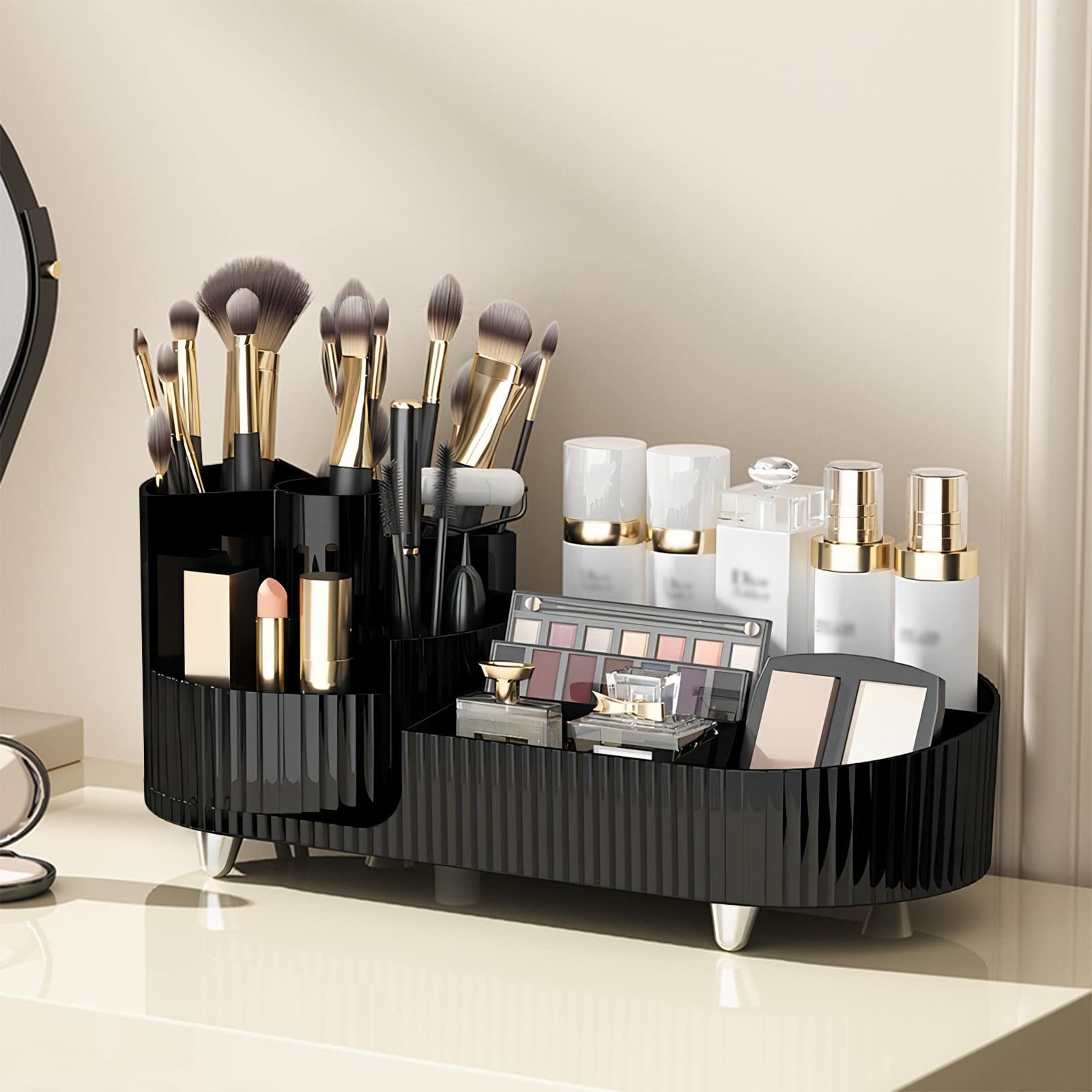DASITON Large Rotating Makeup Organizer,Capacity Cosmetic Display Case,bathroom counter organizer,Makeup Brush Holder(Black-L)