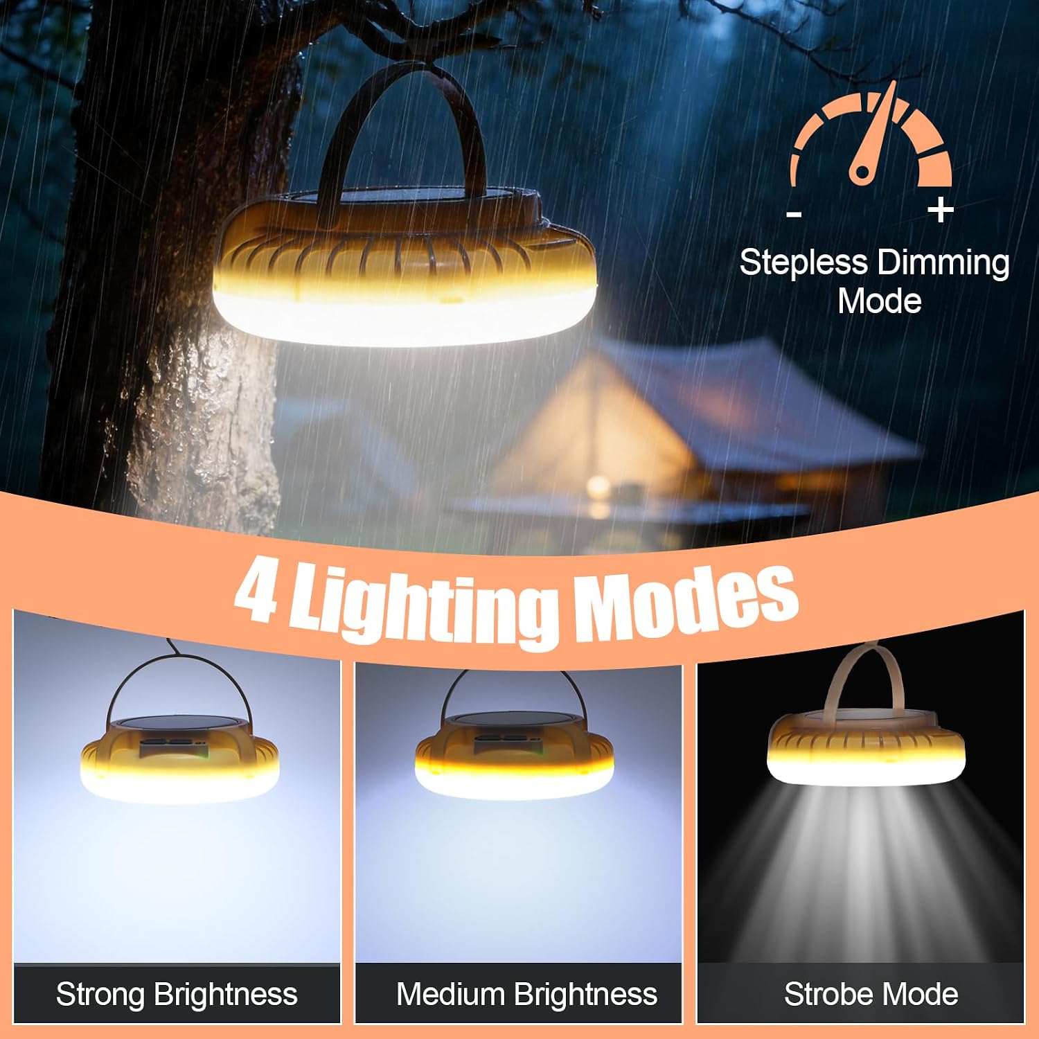 LED Camping Lantern, Solar Rechargeable 3600mAh Lantern with 72 LEDs, 4 Lighting Modes, IP65 Waterproof, Emergency Light for Power Outages, Hurricane, Camping, Hiking, Fishing, Home Use