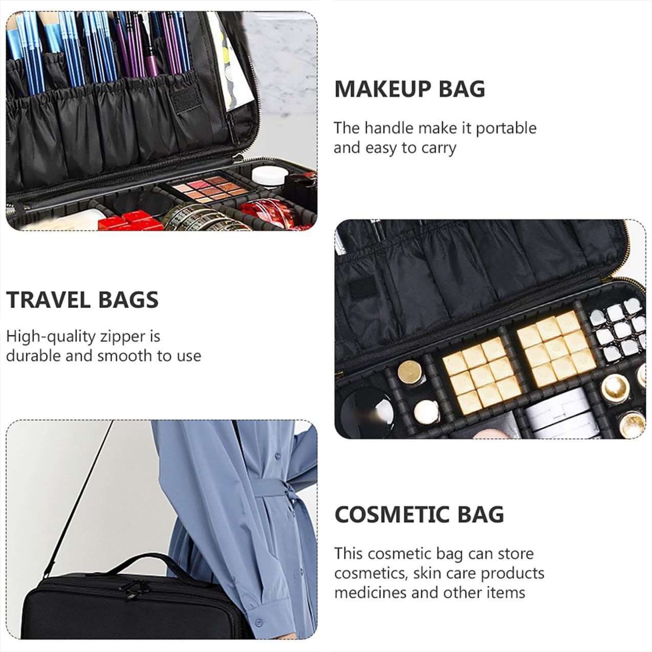 Healeved Astuccio da Viaggio per Trucco Oxford Nero Manico, Design a Griglie, Custodia Cosmetica Portatile Facile da Trasportare e Protettiva per Organizzare i Prodotti Make Up