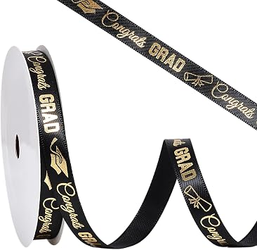 Ribest Class of 2026 Graduation Ribbon, Gold Congrats Grad Black Satin Ribbon for Gift Wrapping Crafts Party Decoration, 3/8 Inch 10 Yard
