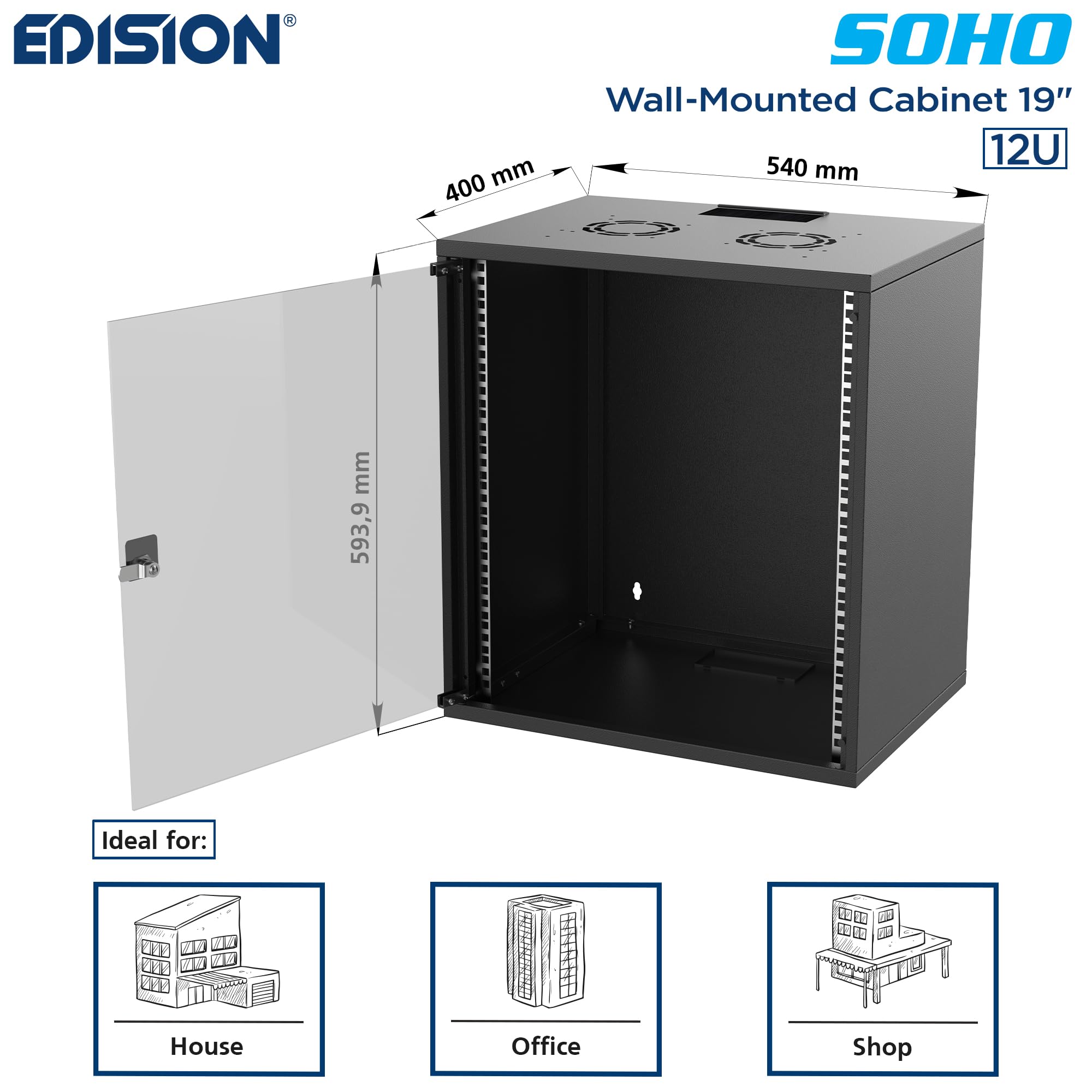 EDISION SOHO 12U Armadio Rack 19" 12U 540x400mm, Montaggio a parete, Carico Massimo 60kg, Non montato, Porta in Vetro, RAL 9005 Nero