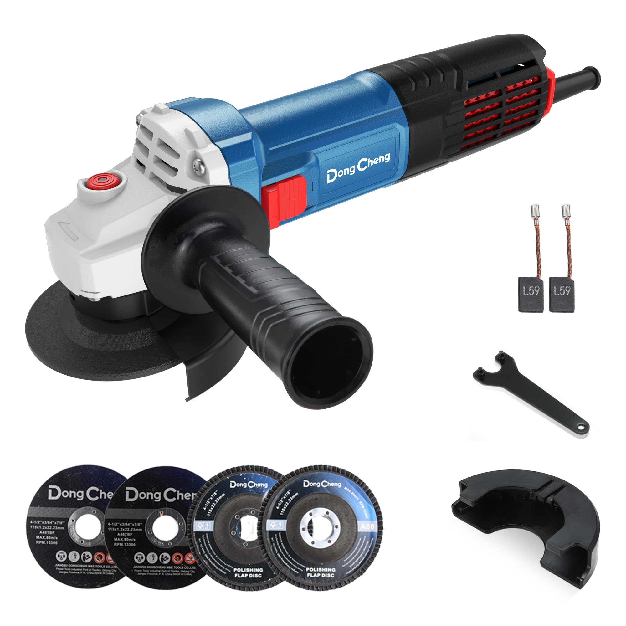 Dong Cheng 1100W Angle Grinder 115mm, 11800RPM, 2 Safety Guards, 4 Discs