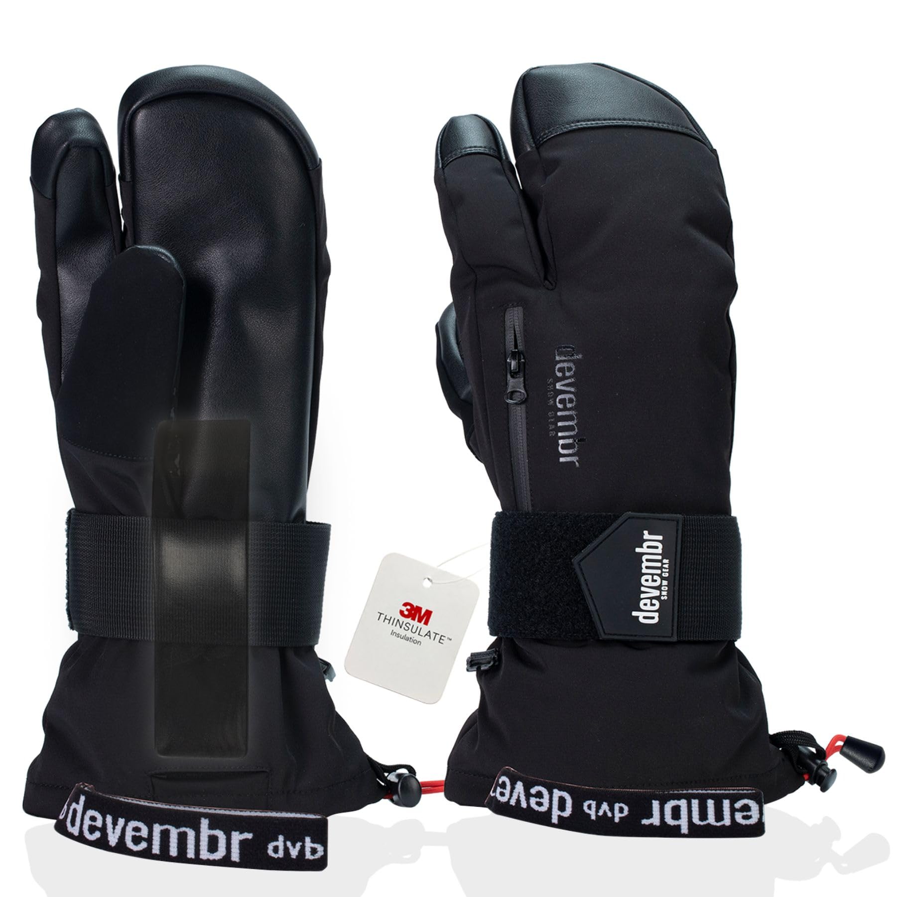 devembr Three-Finger Ski Gloves with Wrist Guards, Warm Snowboarding Gloves (Black/Gray)