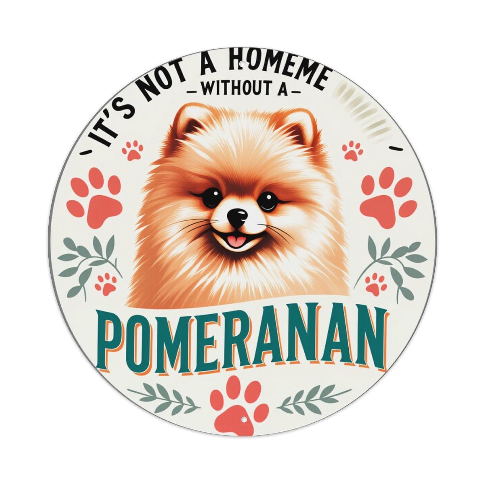 Wmlzdnwr Vintage Pomeranian Dog Face Paw Prints Leaves Text Round Tin Sign,Retro Wall Art,Metal Poster For Home, Bar, Garage, Cafe, Rustic Indoor & Outdoor Decor, 8X8 Inches