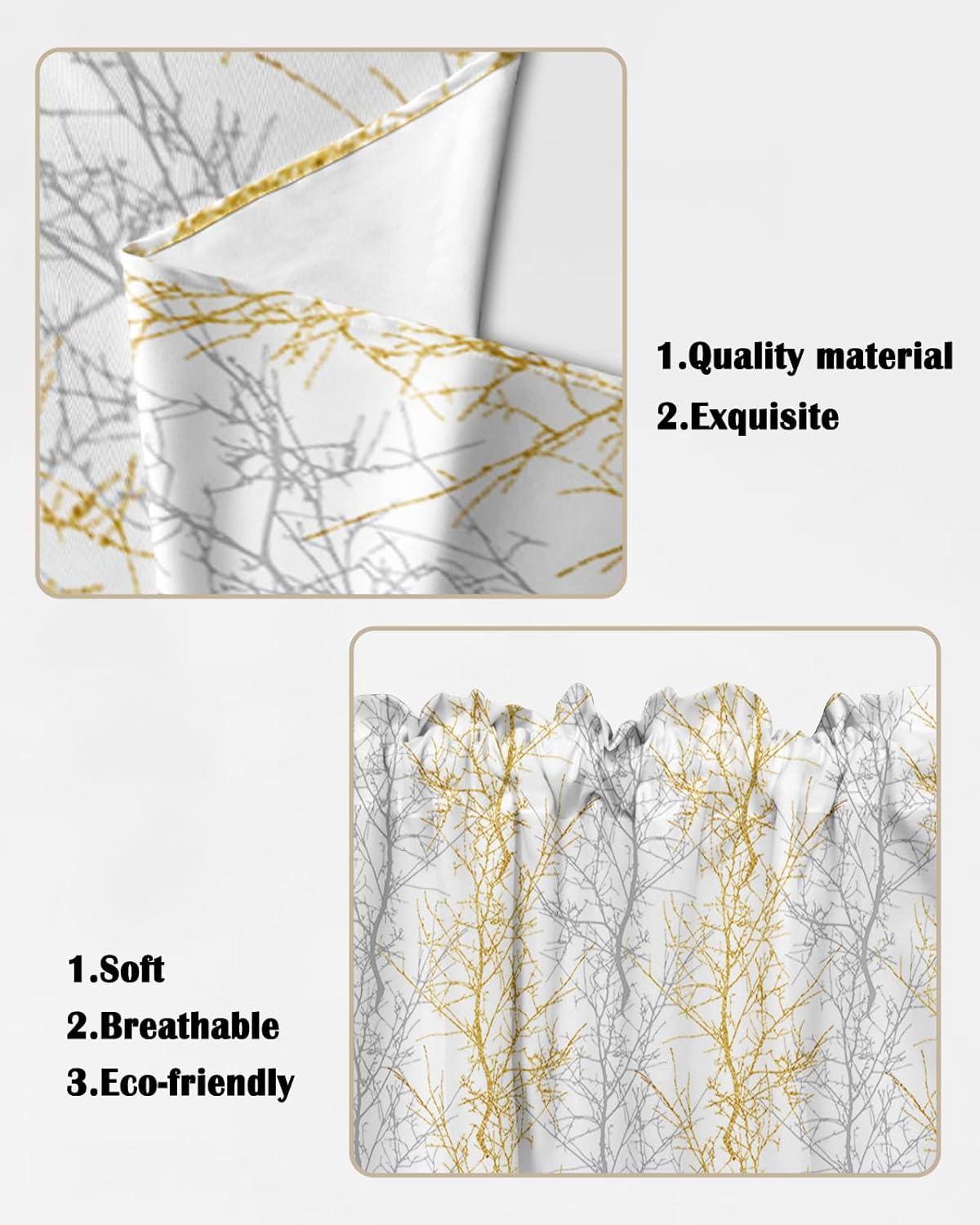 Golden Grey Swag Valances for Windows 2 Pack, Pastoral Botanical Kitchen Window Curtains 36 Inch Length, Gray Branch Aesthetics Privacy Swag Curtains for Living Room/Bathroom with Rod Pocket 36"x36"