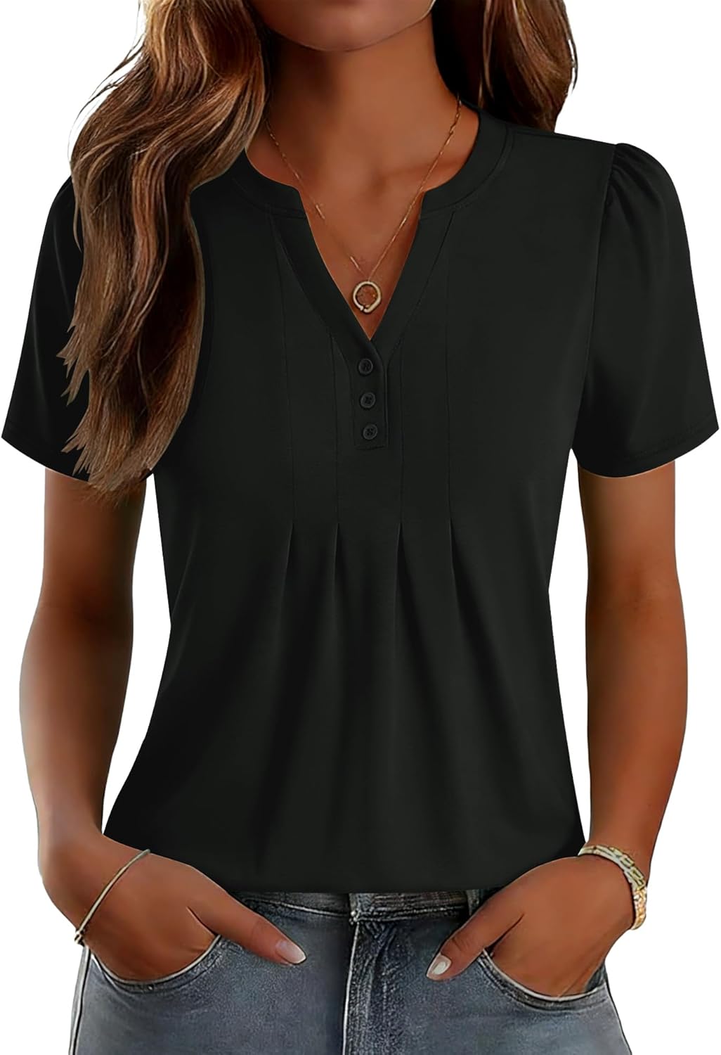 LOMON Womens Tops Dressy Casual V Neck Short Sleeve Shirts Summer Pleated Blouses Button Down Tunic Loose Fit - Image 2