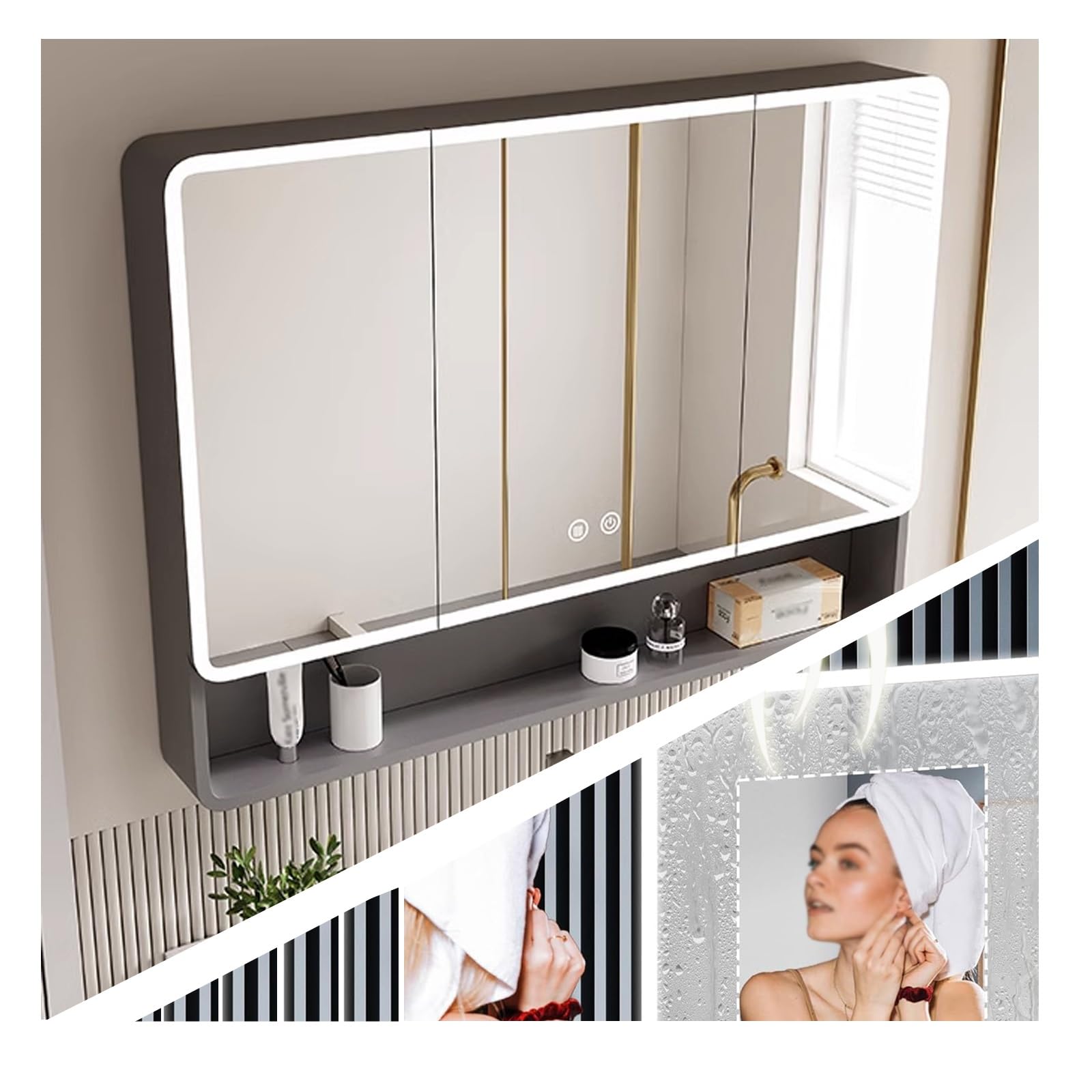 バスルーム用ミラーキャビネット、バスルームミラーキャビネット、スマートバスルームミラーキャビネット、高さのあるバスルーム収納ミラーキャビネット、壁掛け式、美容収納ラック付き(Color:Gray,Size:W60*H88cm/W23.6*H34.6in)
