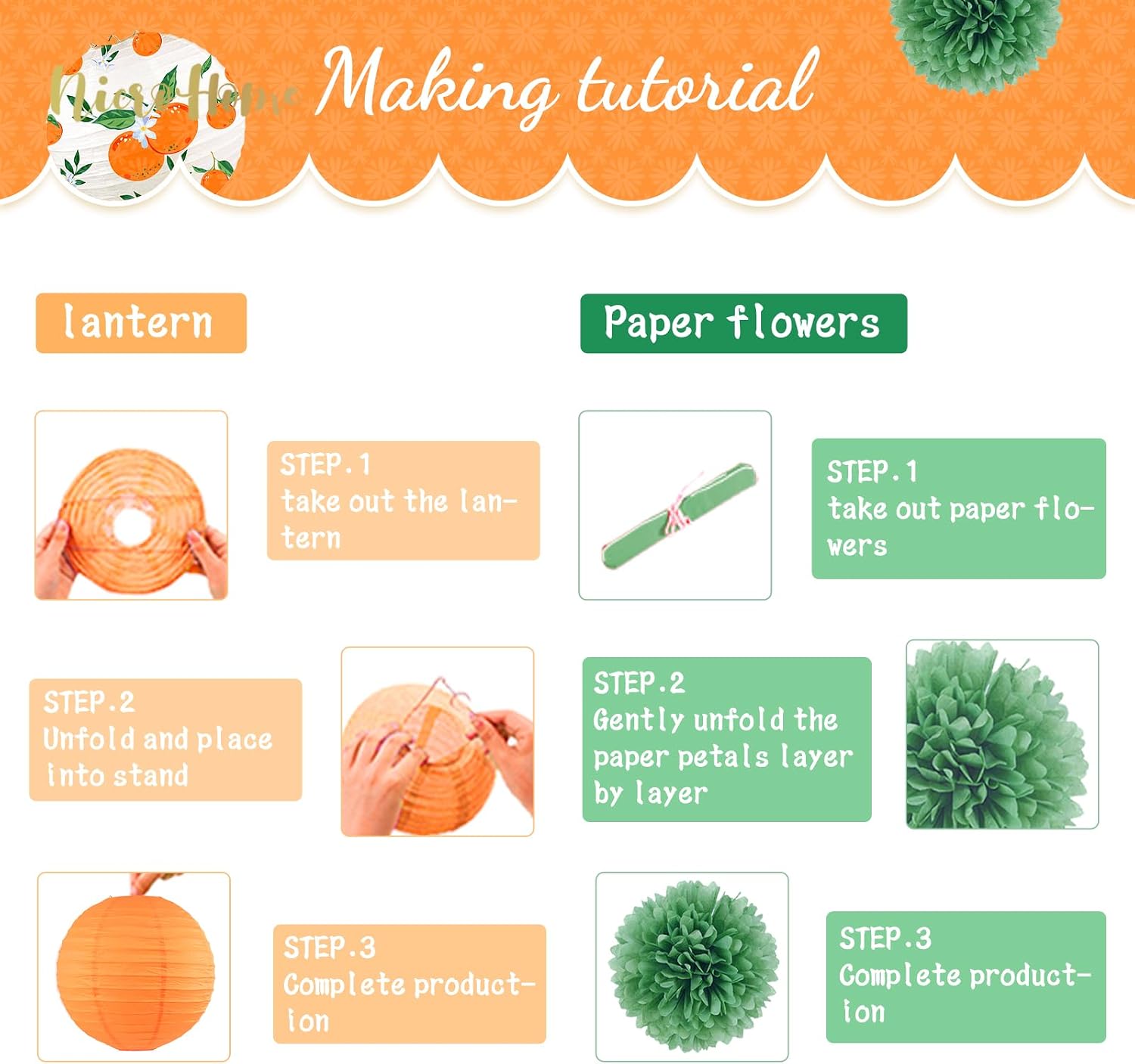 NICROHOME EUR Little Cutie Baby Shower Decorations, 12 PCS Orange Green Tissue Paper Pom Poms and Lanterns Set for Spring Summer Party Decorations, Fruit Citrus Themed Birthday Party Supplies