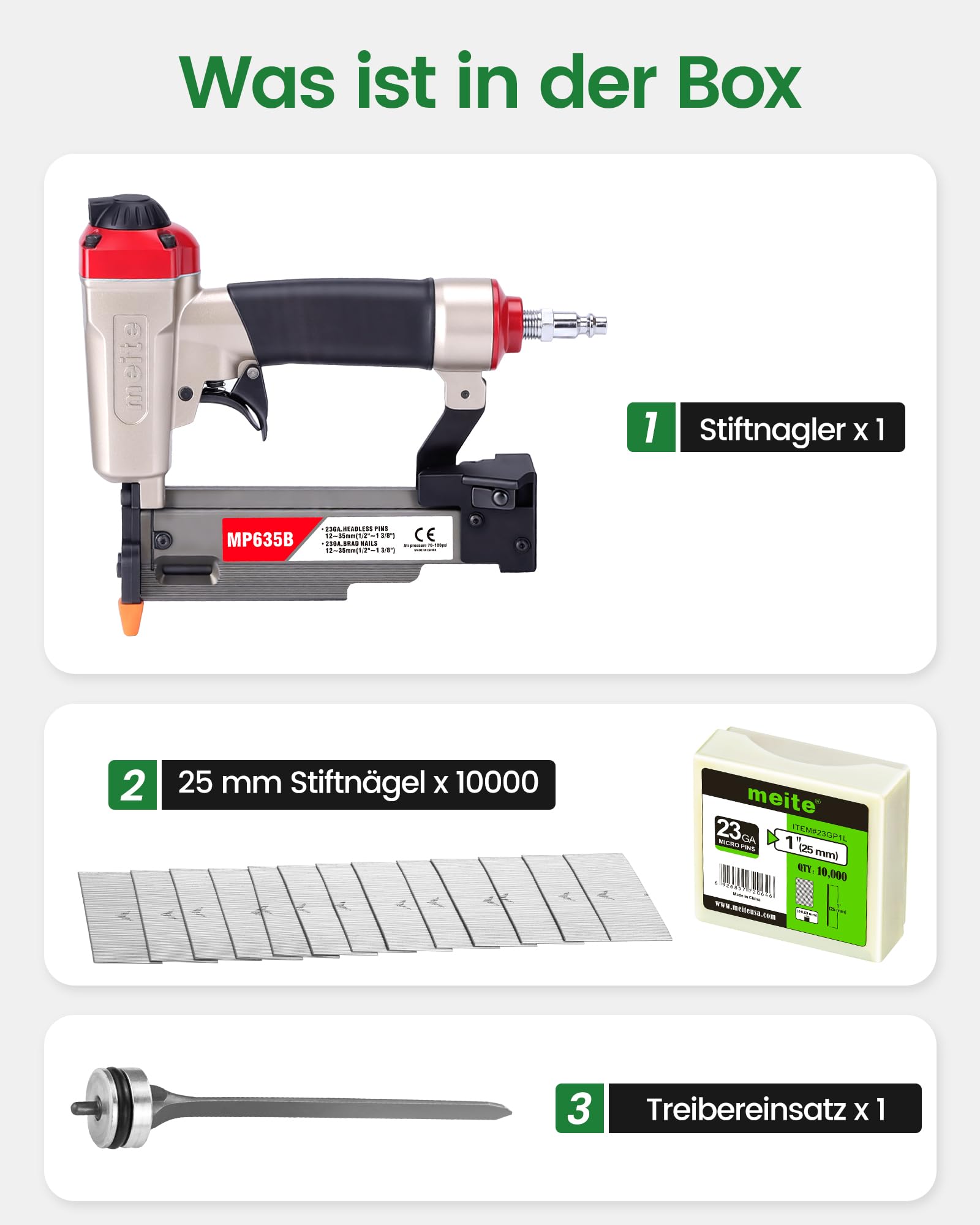 meite MP635B Druckluft Stiftnagler mit 10000 Stück 23 Ga 25 mm Kopflose Stifte, Kompakte für 12–35 mm Länge, Druckluft-Nagelpistole Kompakte für Zierleisten, Bilderrahmen und Feine Holzarbeiten