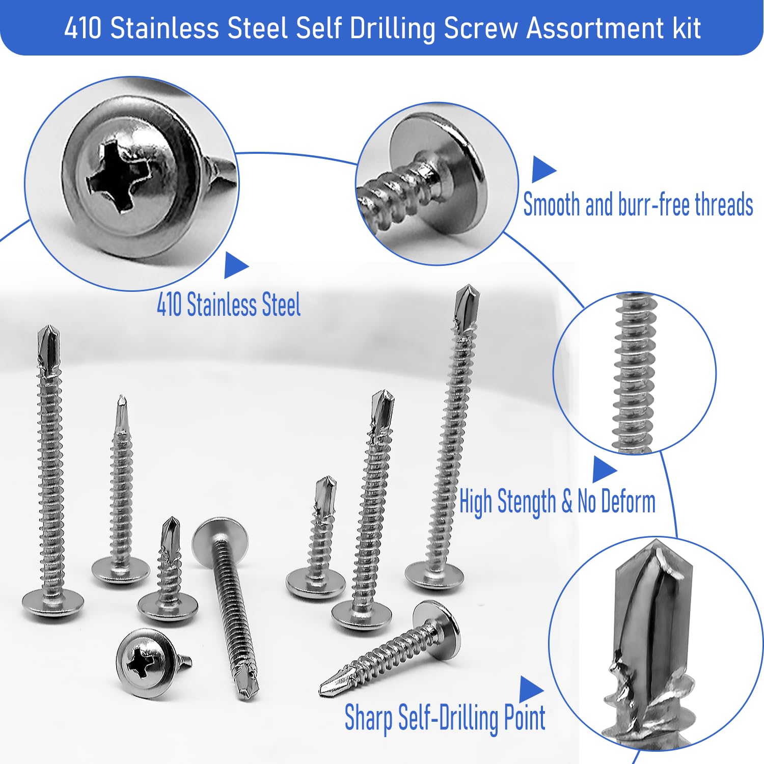380PCS Self Drilling Screws Assortment Kit, 410 Stainless Steel Self Tapping Screws for Metal – #8 Modified Truss Head Sheet Metal Screw, 1/2" to 2", 8-Size