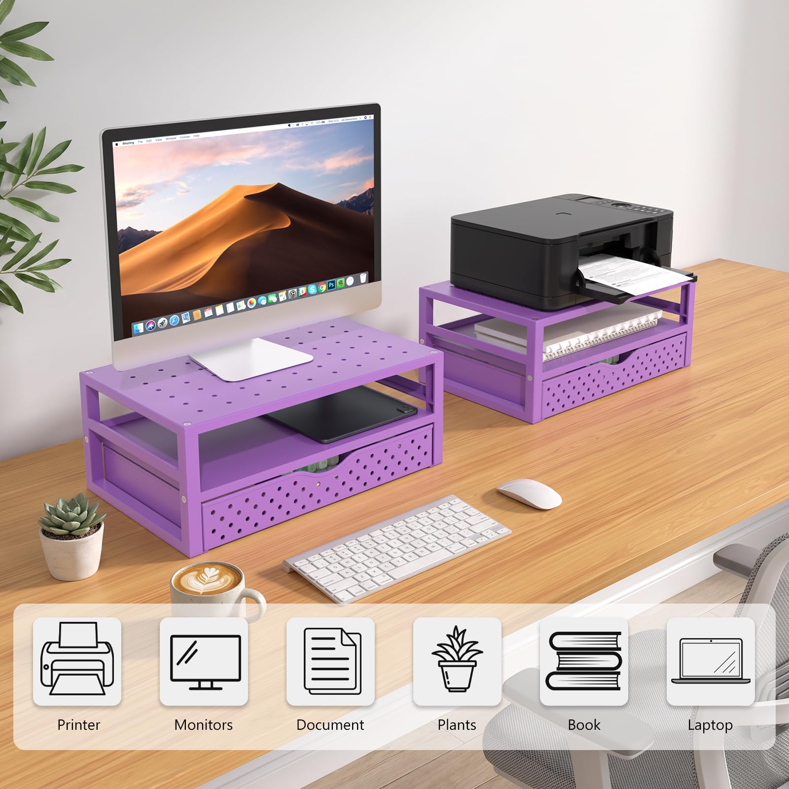 WALI Desk Organizer with Drawer，Computer Monitor Stand with Storage, Desk Organizers and Accessories for Computer, Printer, Laptop Riser for Home Office Supplies, (PTT005-V), 1 Pack, Purple view 8
