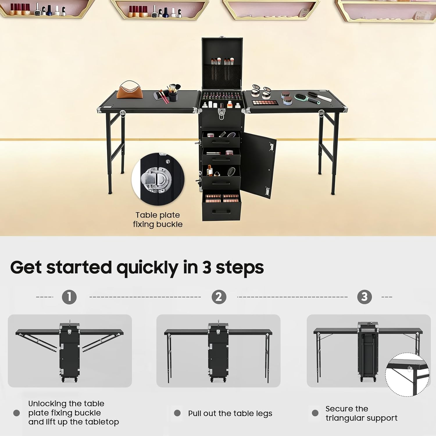 Rolling Manicure Table with Pedicure Chair 4 Drawers Rolling Makeup Case Foldable Nail Desk Cosmetology Case on Wheels w/2 Desktop for Nail Teach Technician Workstation (Black)