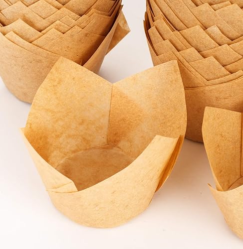 Vista 29 de GOLDEN APPLE, 100 piezas de tulipanes para cupcakes de loto pergamino para hornear muffins, tazas para bodas, cumpleaños, baby showers, natural)