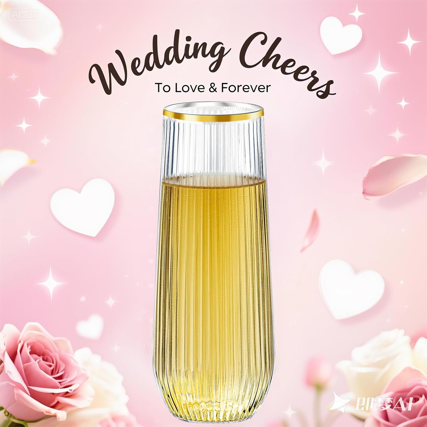 48 Pack Plastic Ribbed Champagne Flutes, 9 Oz Stemless Disposable Gold Rim Clear Plastic Toasting Glasses Shatterproof Recyclable and BPA-Free Perfect For Wedding - Image 3