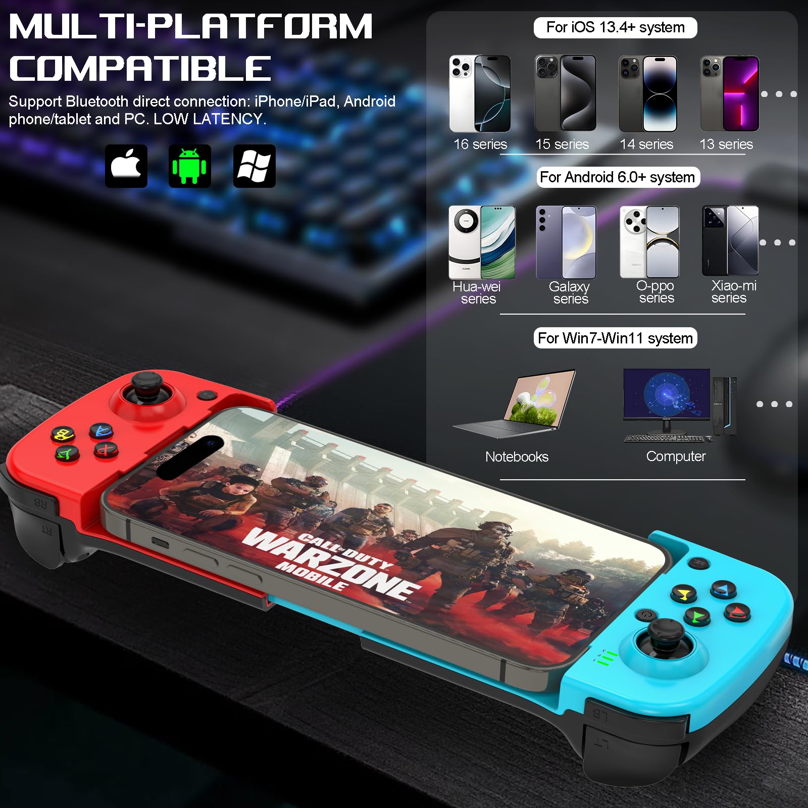 arVin Manette de jeu sans fil pour iPhone/Android/PC, Bluetooth Mobile Gamepad Joystick pour iPhone 14/13/12/11, Samsung