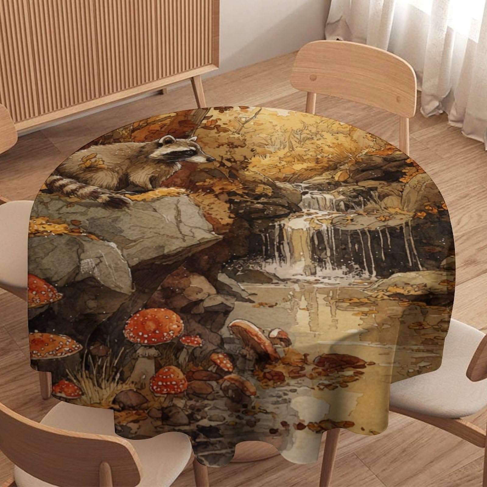 LUYYSKY Colorful Realistic Cute Raccoon Round Tablecloth Modern Classic Autumn Botanical Maple Leaves Mushroom Animal Raccoon Washable Decor for Table Cover for Kitchen-177.8" Wx177.8 L cm