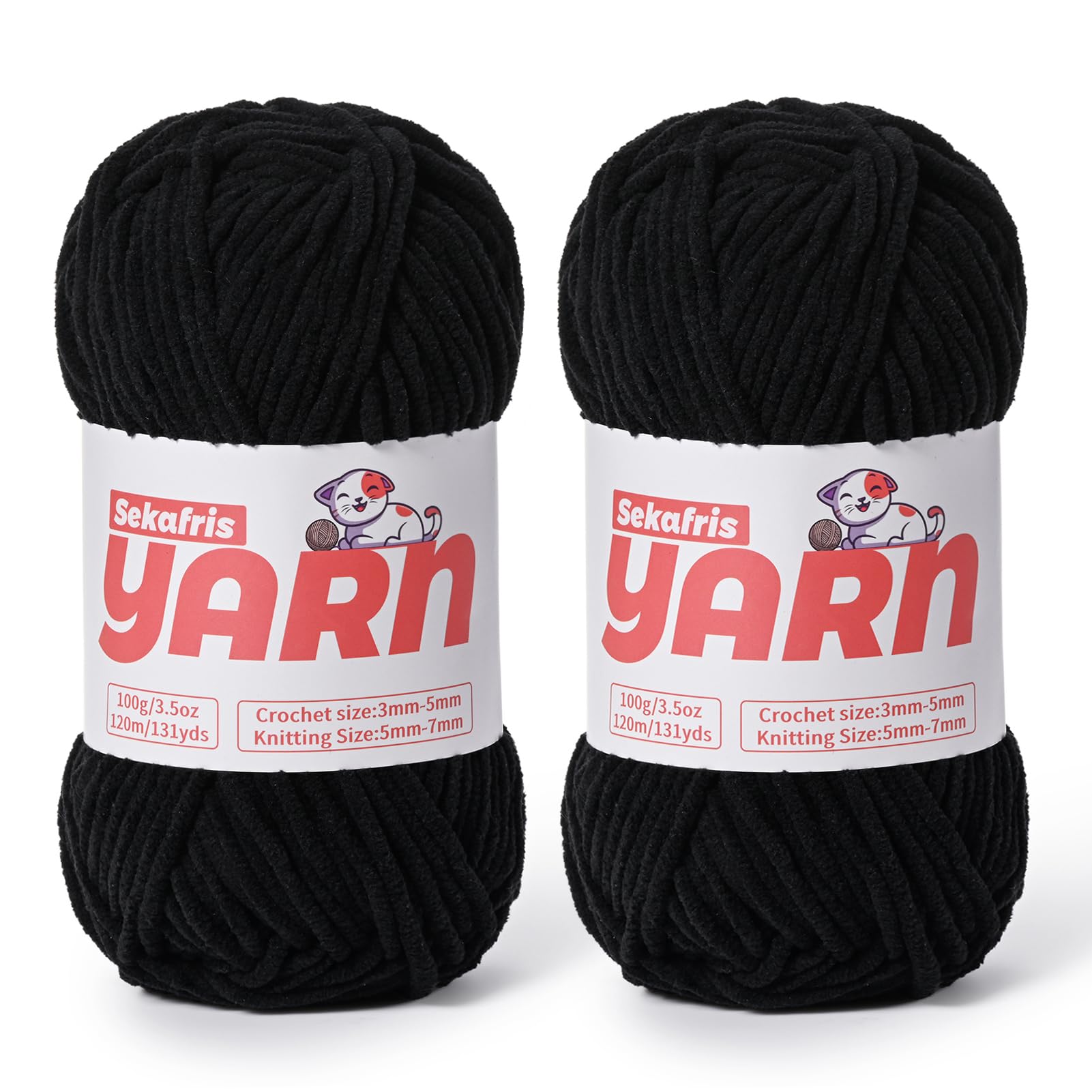 Plush Chunky Chenille Yarn for Crocheting, Soft Fluffy Velvet Yarn for Crocheting Amigurumi, Fuzzy Baby Blanket Knitting 200g/262yds Bulky(2 Black)