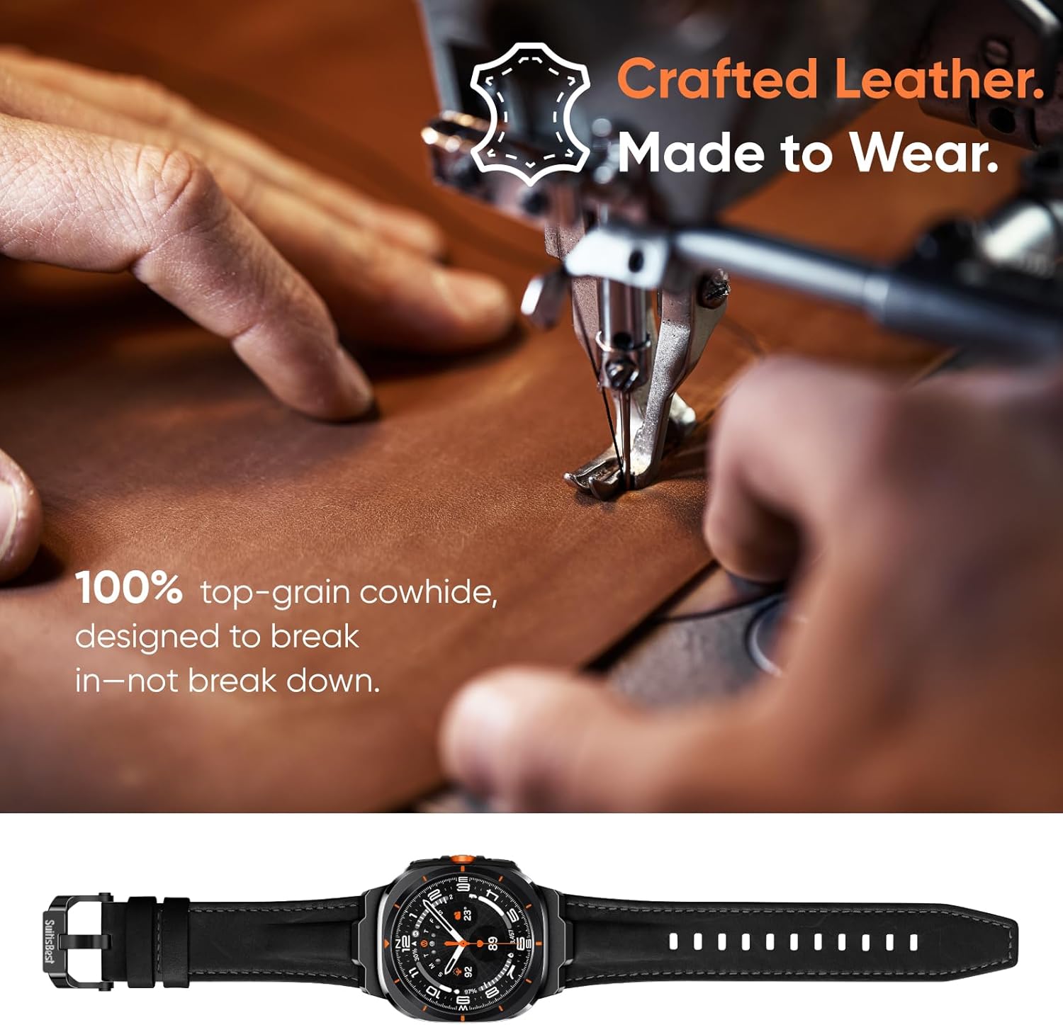 Suitisbest Genuine Leather Band Compatible with Samsung Galaxy Watch Ultra Bands 47mm for 2025 2024, No Gap Designer Rugged Strap with Metal Connectors for Men, Ideal Birthday Gift for Him