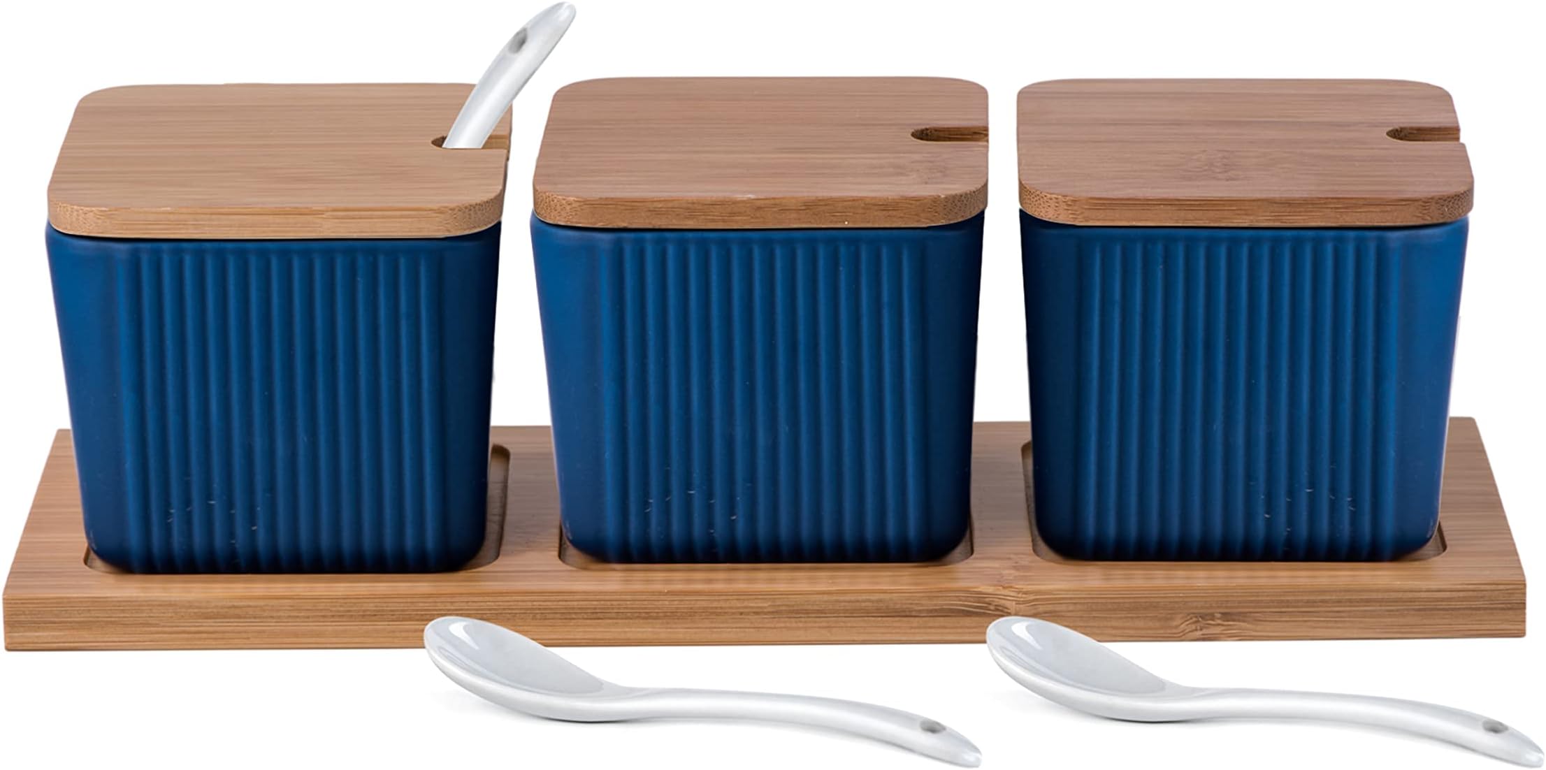 Bruntmor 3 Pcs Blue Canisters Sets For The Kitchen | Food Storage Containers, Coffee, Sugar, Spice Jars,Tea Storage Container, Candy Jar, Ceramic Condiment Jar, Spice Jars With Bamboo Lids and Spoon.