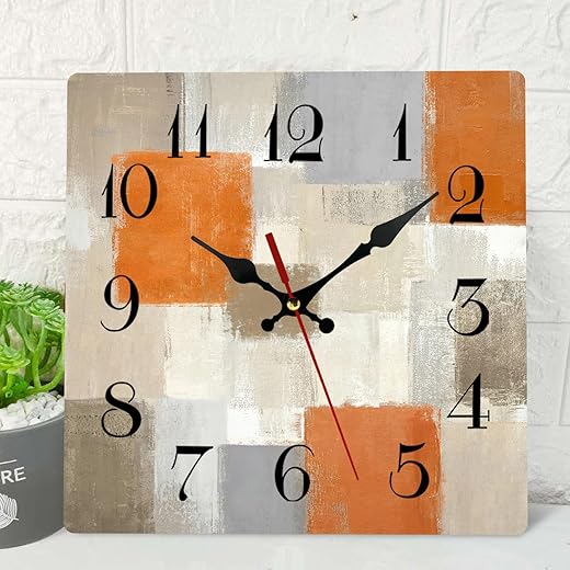 ArtSocket Wooden Wall Clock Silent Non-Ticking, Abstract Orange Brown Grey Geometric Checkered Square Rustic Wall Clocks Decor for Home Kitchen Living Room Office, Battery Operated(12 Inch)